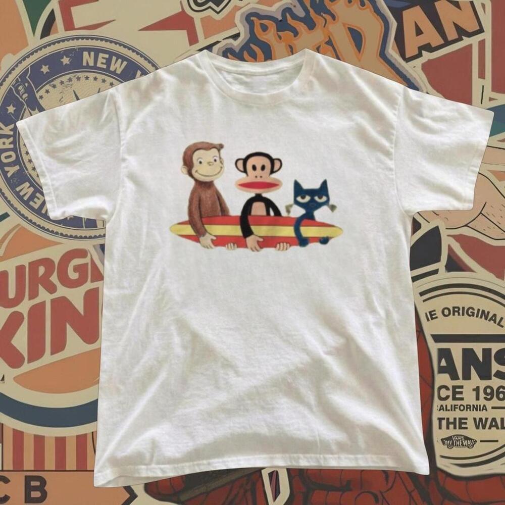 White Paul Frank T-Shirt With Graphic Of Three Cartoon Characters On A Surfboard